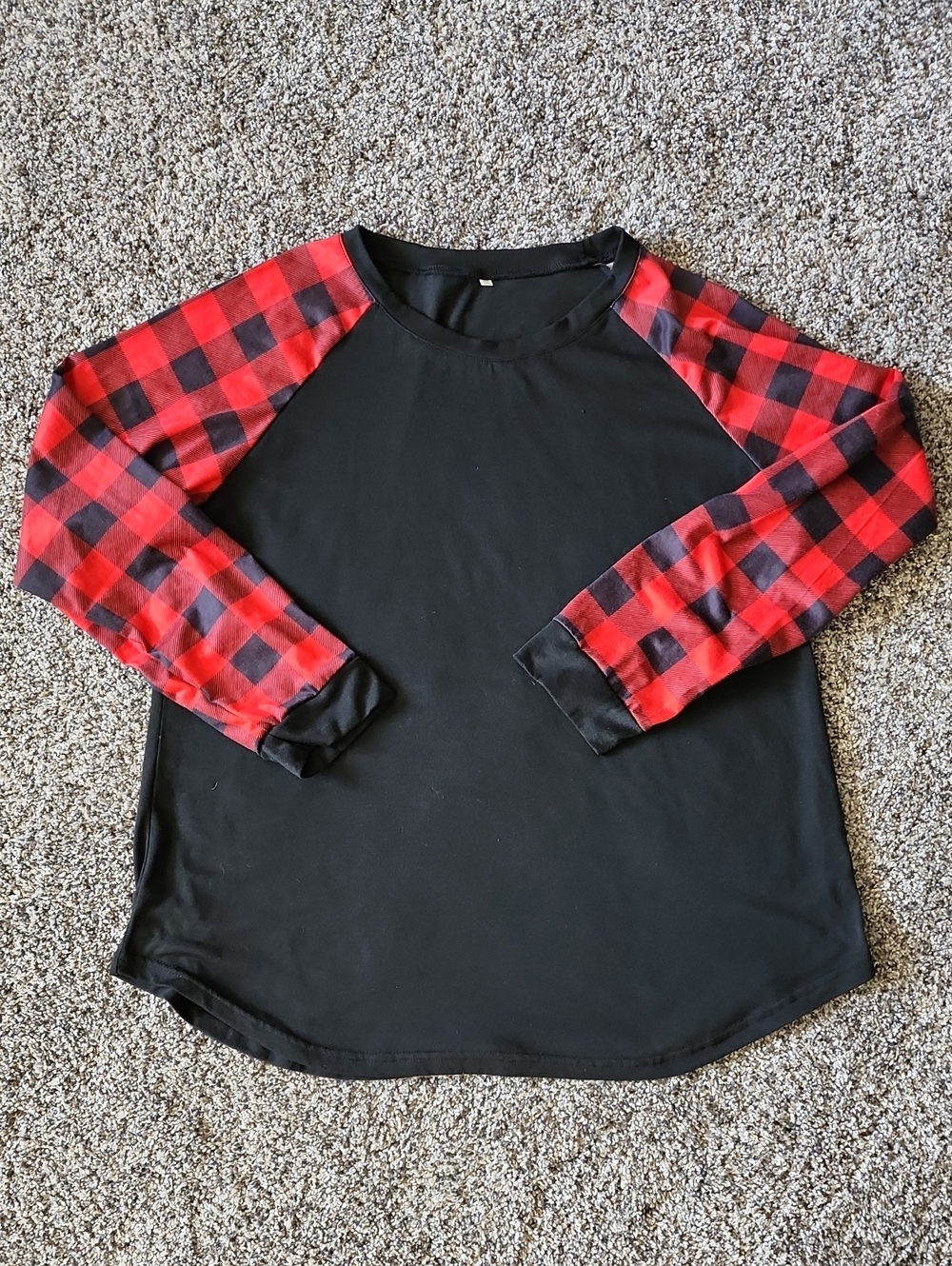 Black Top with Red Buffalo Plaid Raglan Sleeves 2xL